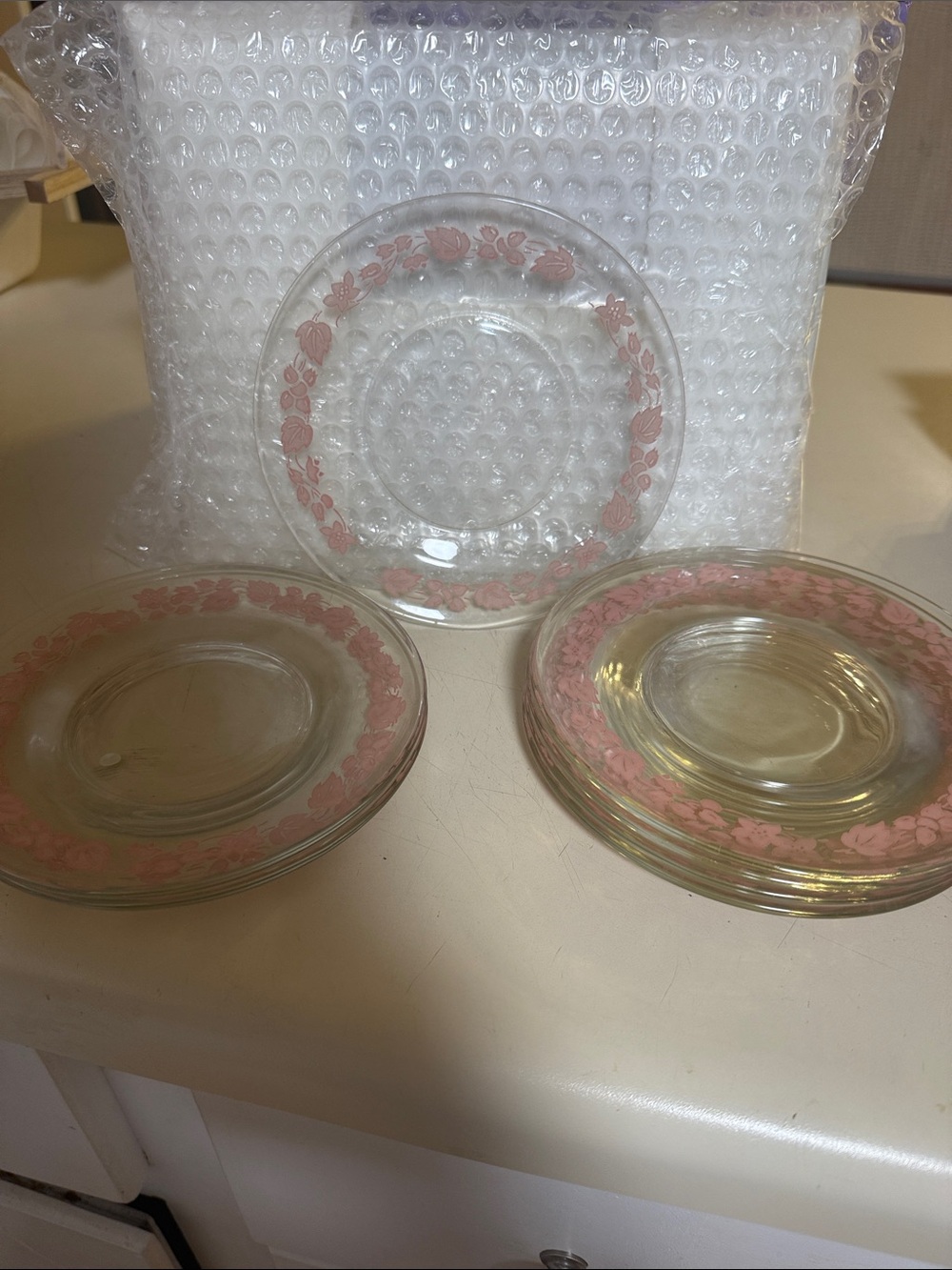 Set of Clear Glass Dessert Plates with Pink Floral Rim - Pack